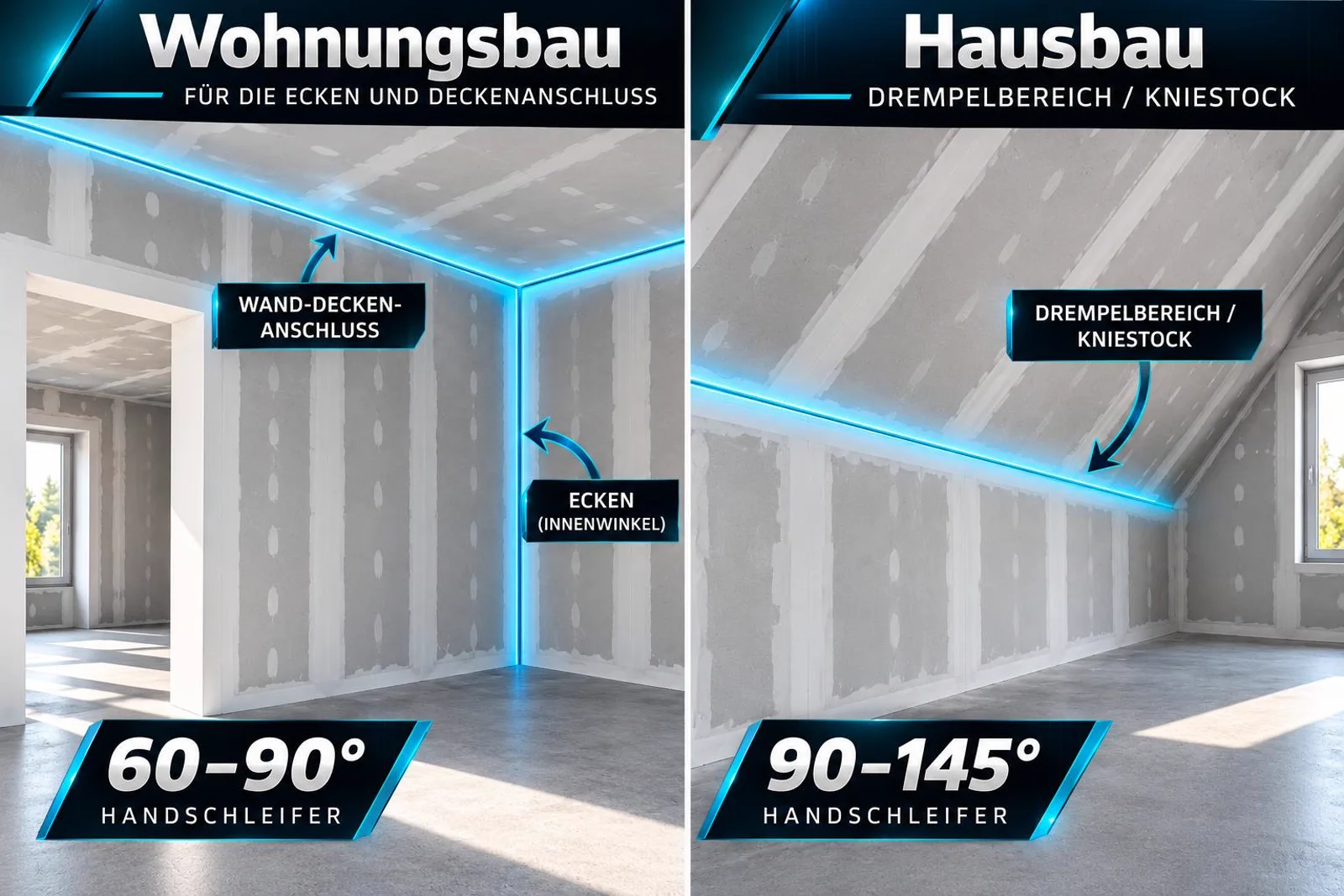 Anwendungsbereiche: Variante L (60–90°) für Ecken und Wand-Decken-Anschlüsse im Wohnungsbau, Variante XL (90–145°) für Drempelbereich und Kniestock im Hausbau