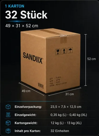 1 Karton: 32 Stück, 49 × 31 × 52 cm, 12 kg (L) / 13 kg (XL)