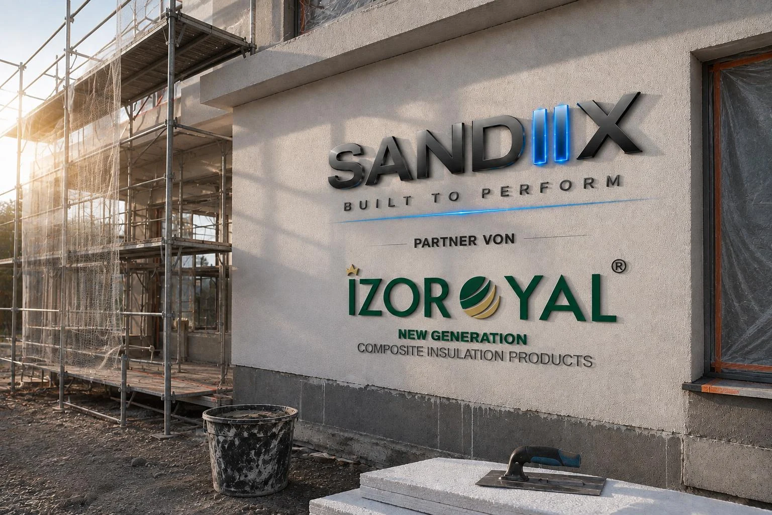 SANDIIX Built to Perform, Partner von IZOROYAL – Schriftzug an einer eingerüsteten Fassade